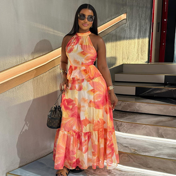 Women Printed Round Neck Casual Sleeveless Maxi Dress
