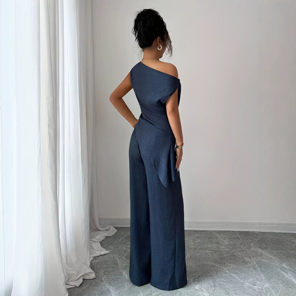 Slash Shoulder Top & Pocket Zip-Up Pants Two-Piece Set for Career Wear