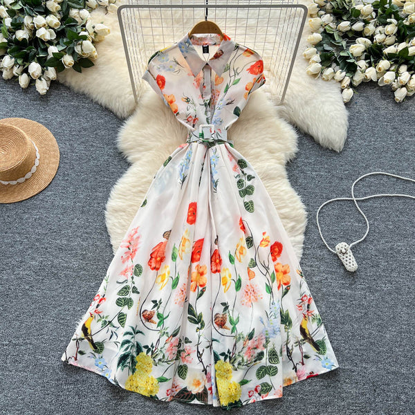 Printed Polo Collar Short Sleeve Maxi Dress for Summer