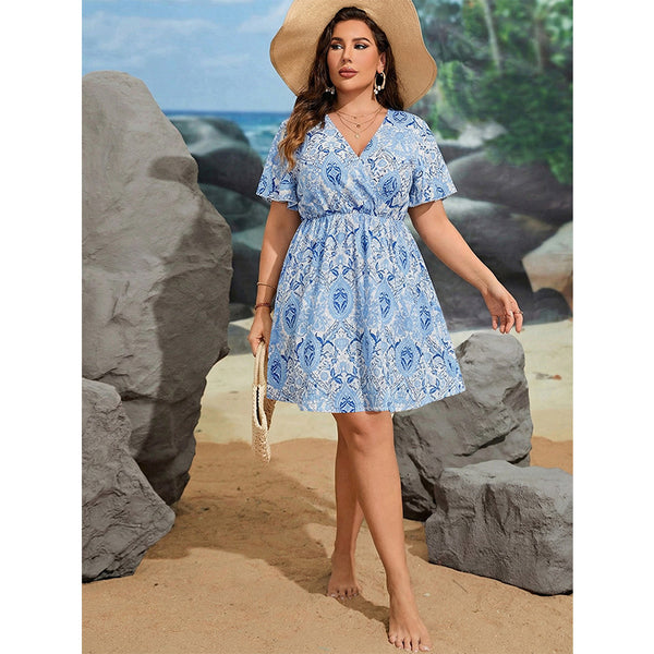 Plus Size Women Summer Printed V-Neck Dress Beach Holidays Maxi Dress