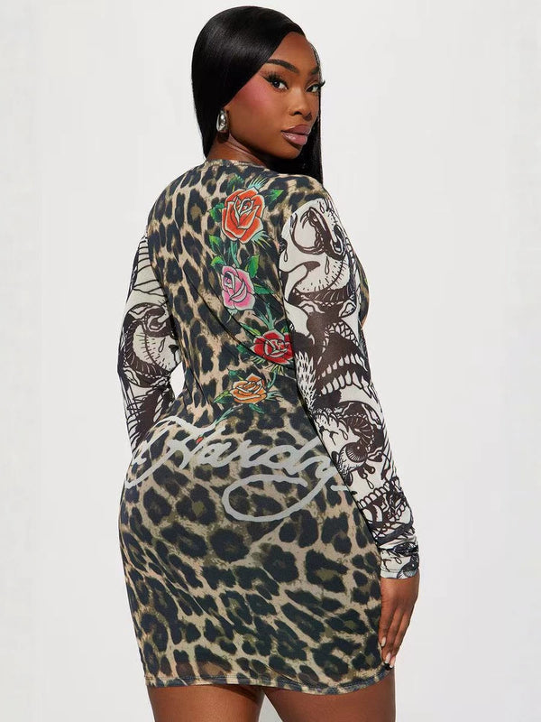 Printed Long Sleeve Bodycon Dress for Evening Wear