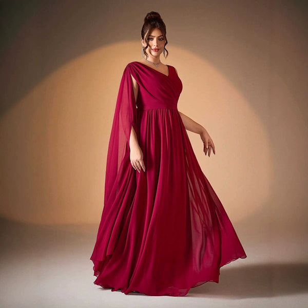 Plus Size Burgundy V-Neck Low Back High Waist Split Formal Dress