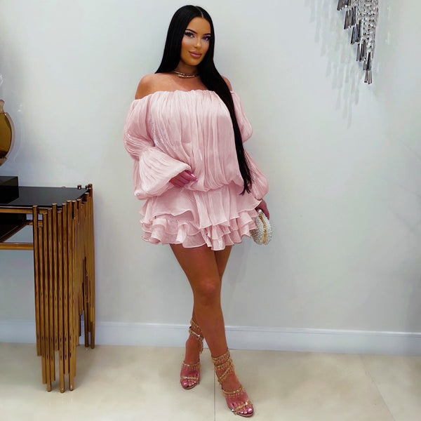Off-Shoulder Cascading Ruffle Slim Fit Mini Dress for Party Wear