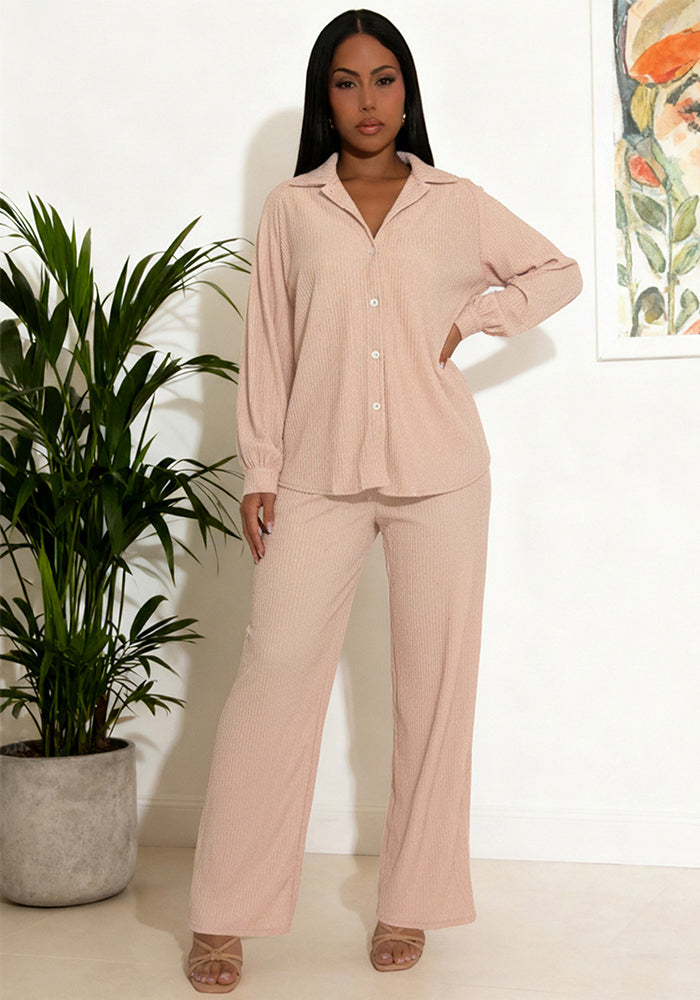 Button Long-Sleeve Shirt & Pants Two-Piece Casual Set