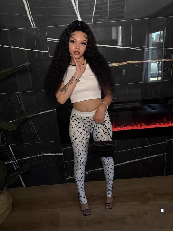 Printed Stretchy Basic Top & Long Pants Two-Piece Set for Casual Wear