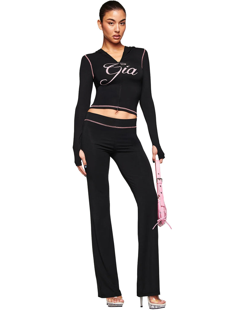 Printed Hooded Long-Sleeve Thumb-Hole Top & Pants Set