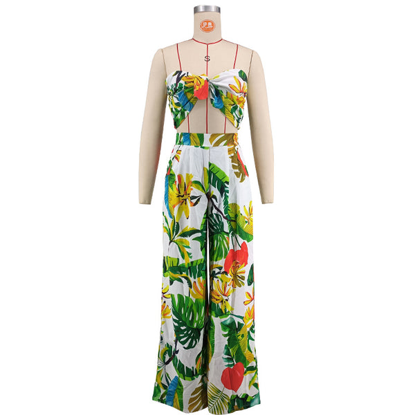 Printed Strapless Top & Wide-Leg Pants Set for Beach Vacations