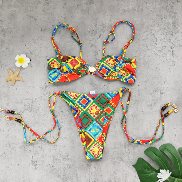 Women Strapless Sexy Backless Lace-Up Printed Two-Piece Swimwear
