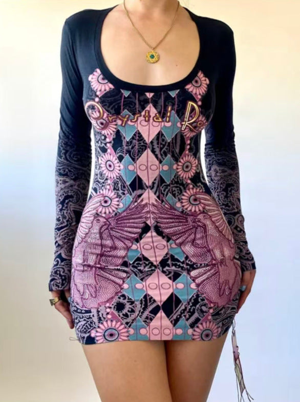 Graffiti Print Bodycon Dress for Autumn & Winter Streetwear