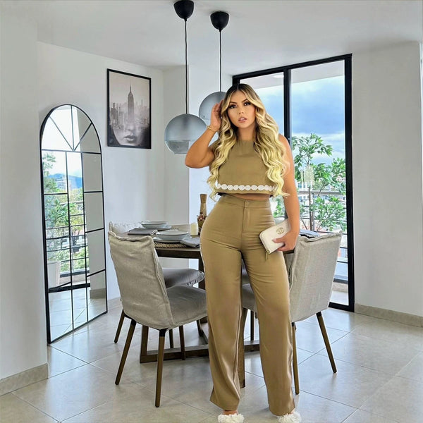 Embroidered Tank Top & Long Pants Two-Piece Set for Casual Wear