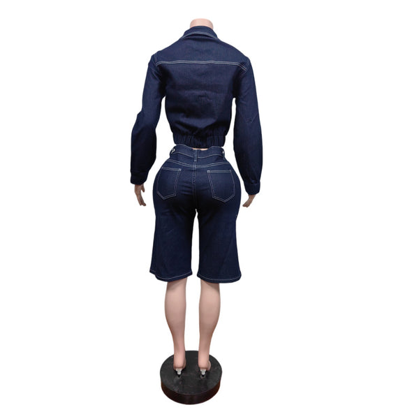 Denim Long Sleeve Top & Stretch Knee-Length Shorts Set for Fall & Winter