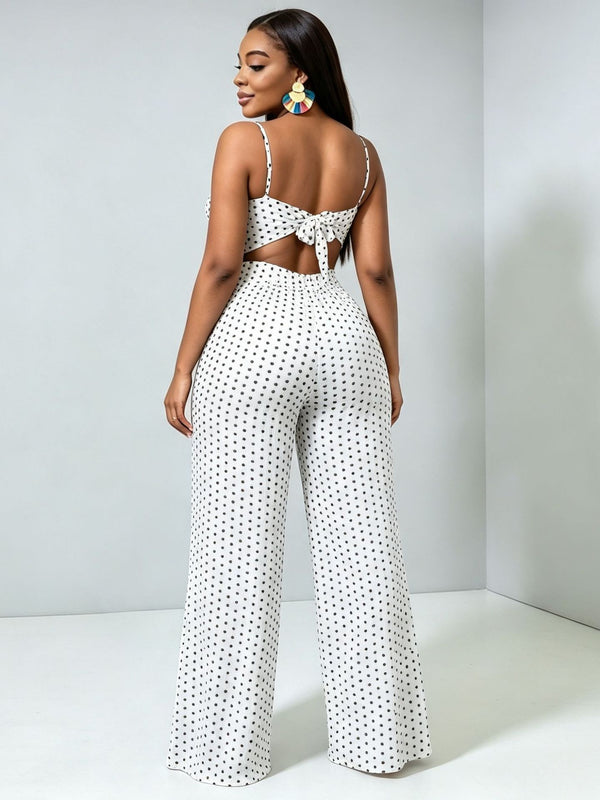 Polka Dot Printed Camisole Hollow-Out Wide Leg Jumpsuit for Party Wear