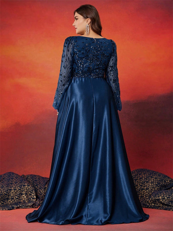 Women Sequin Satin Patchwork V-neck long sleeve pleated cocktail evening dress