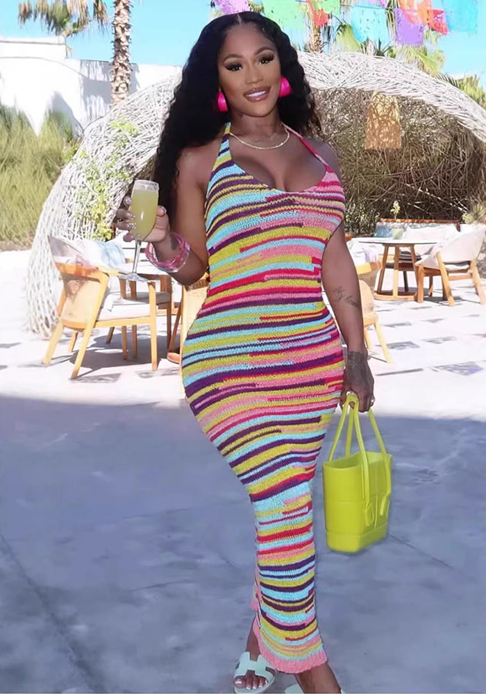 Stripe Lace-Up Low Back Sexy Holiday Beach Mini Dress