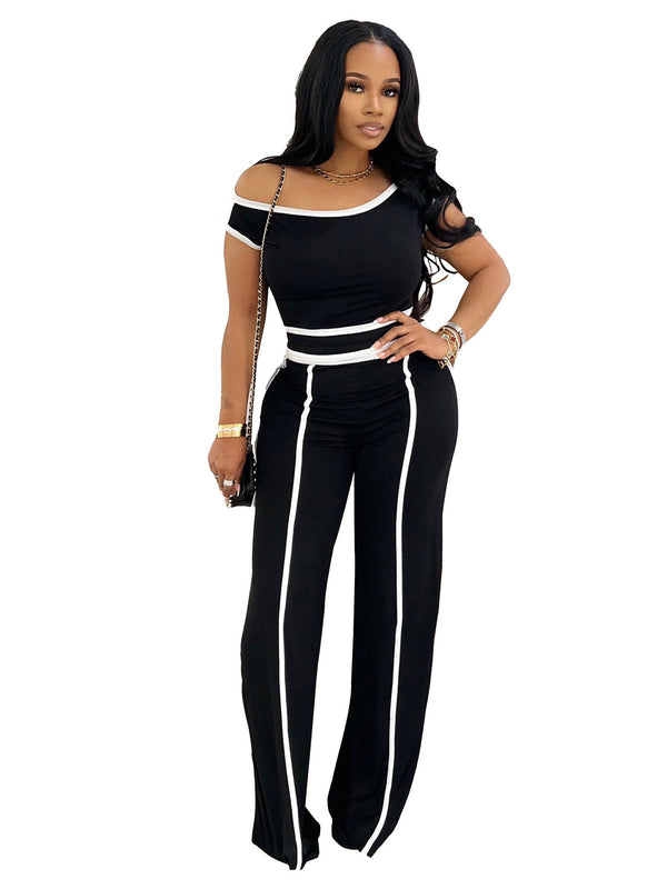 Off-Shoulder Color-Block Patchwork Top & Long Pants Two-Piece Set