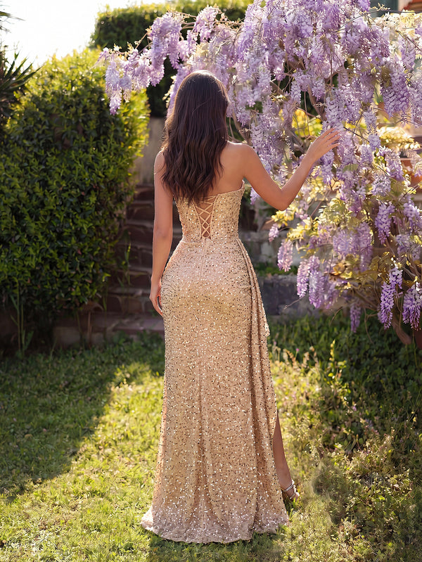 Champagne Gold Sequin Strapless Slit Fishtail Evening Dress for Formal Parties