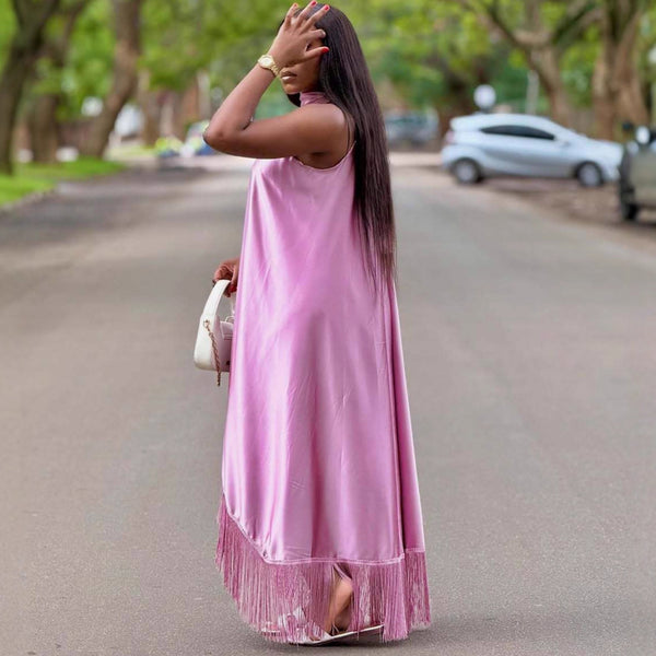 Plus Size Women Elegant Solid Halter Neck Irregular Patchwork Tassel African Maxi Dress