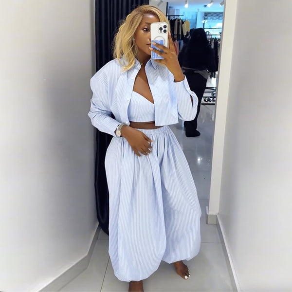 African Blue Striped Shirt & Wide Leg Pants Set for Spring
