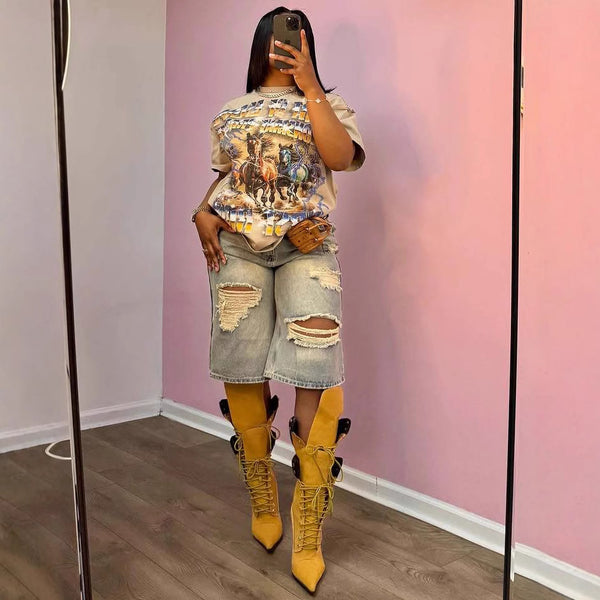 High-Waist Loose Distressed Straight Wide-Leg Jeans for Summer