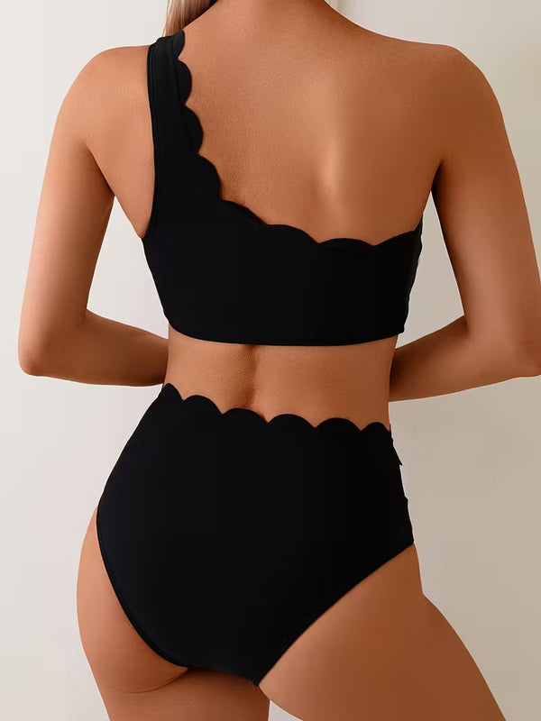 Black & White Contrast Lace One-Shoulder High-Waist Two-Piece Bikini