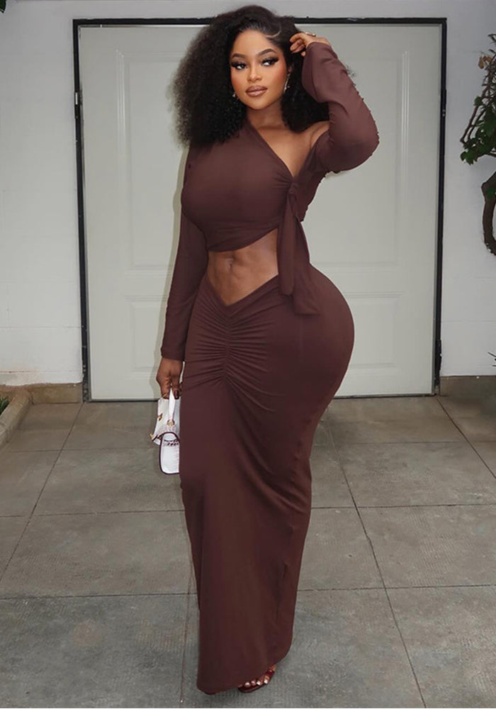 Slash Shoulder Long Sleeve Ruched Bodycon Skirt Two-Piece Set
