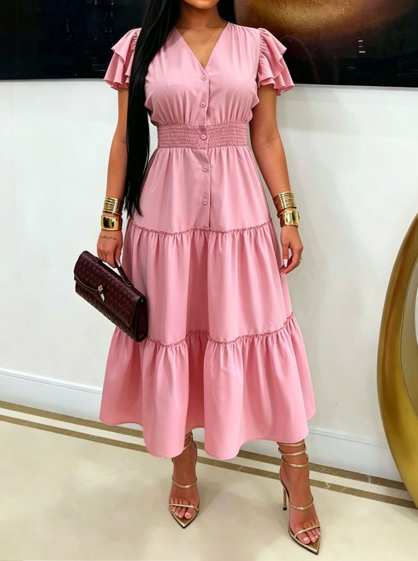 V-Neck Button-Down Puff Sleeve Maxi Dress for Casual Wear