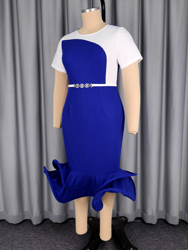 Plus Size Colorblock Ruffle Mermaid Midi Dress with Rhinestone Belt for Formal Parties