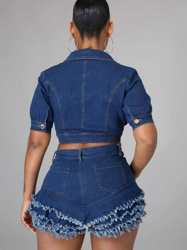 Denim Tassel Two-Piece Shorts Set for Trendy Streetwear