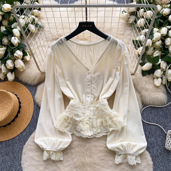 Lace Patchwork Long-Sleeve Shirt Top for Casual Wear