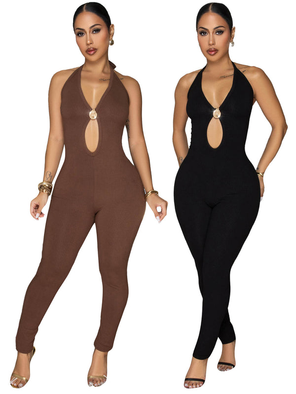 Ribbed Cut-Out Halter Neck Romper Jumpsuit for Spring & Summer