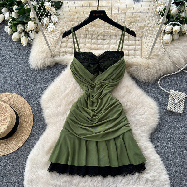 Green Lace Patchwork Strappy Slim-Waist A-Line Mini Dress for Summer