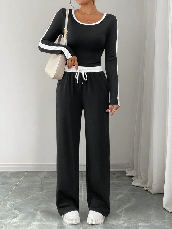 High Stretch Patchwork Loose Wide-Leg Pants Set for Casual Wear