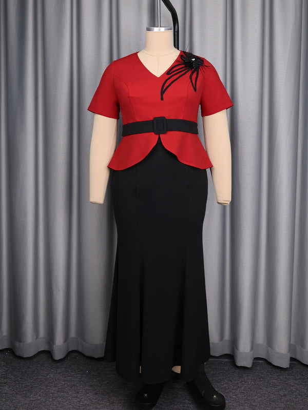 Plus Size Color Block Ruffle Top & Fishtail Skirt Set for Formal Parties