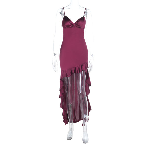 V-Neck Asymmetrical Spaghetti Strap Dress for Evening Events