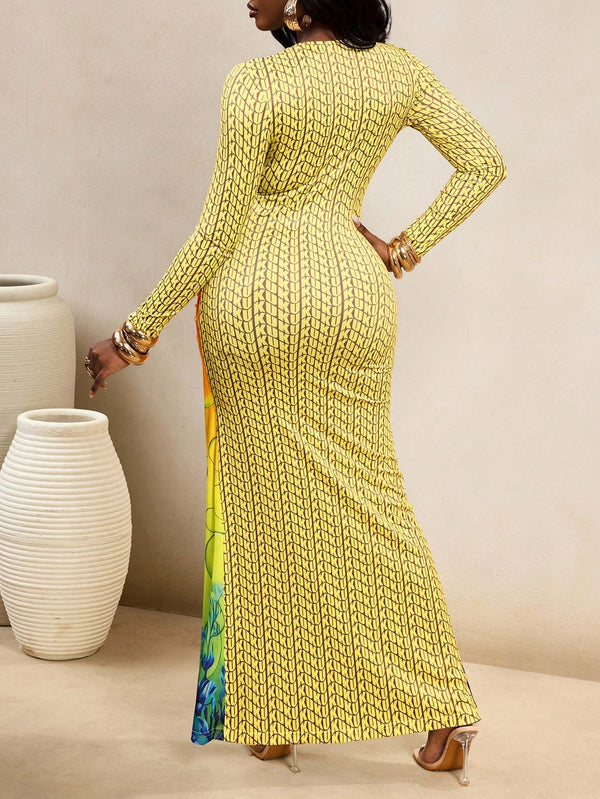 Printed Round Neck Long Sleeve Split Bodycon Dress