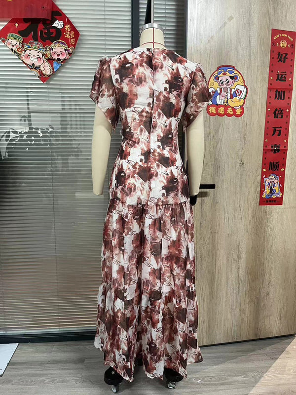 Pearl Round Neck Printed Ruffle Dress for Summer Events