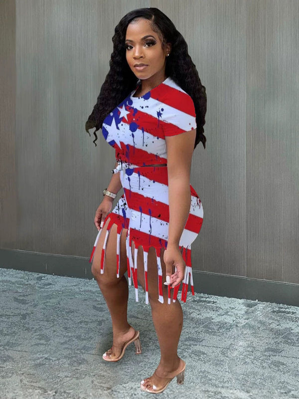 Flag Print Short Sleeve Top & Tassel Shorts Set for Casual Wear