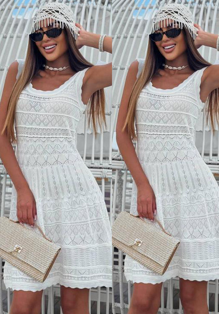 White Knitted Hollow-Out Sleeveless Dress for Summer