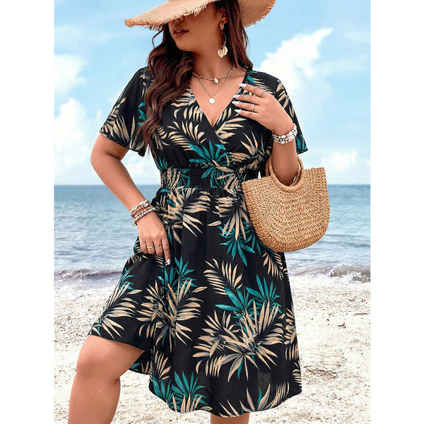 Women Summer Print V-Neck Holidays Short-Sleeve Maxi Dress
