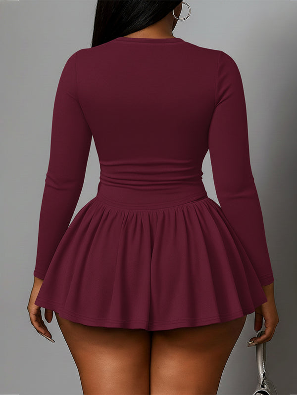 High-Neck Pleated Long-Sleeve Dress for Casual Wear