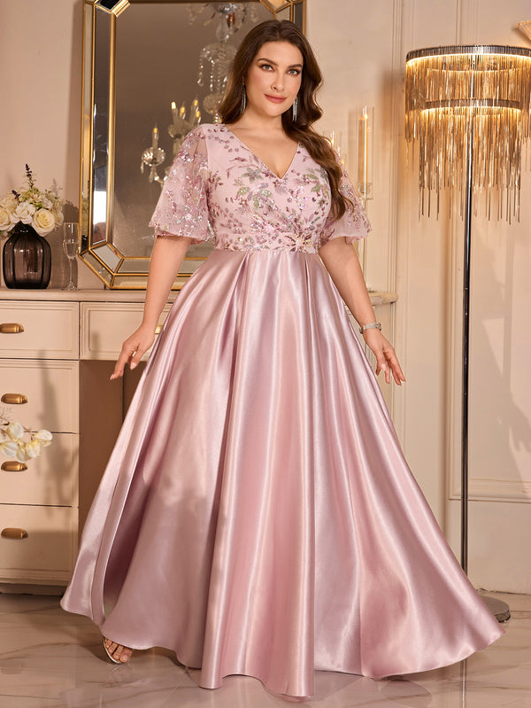 Plus Size Sequin Patchwork Pocket Maxi Dress for Evening Wear