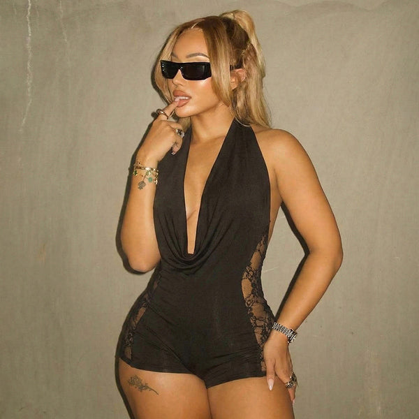 V-Neck Patchwork Lace Romper for Summer Parties