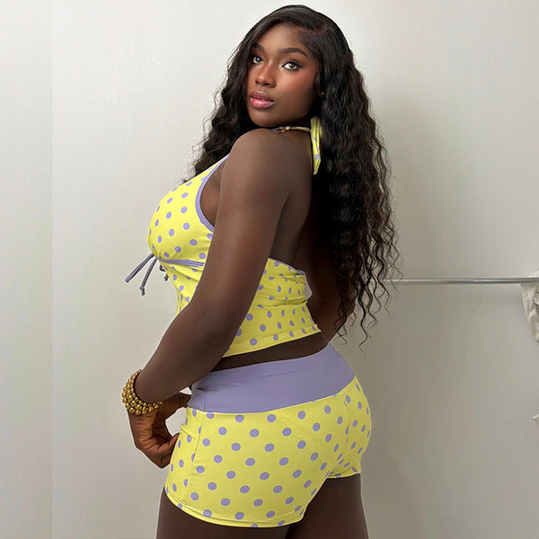 V-Neck Top & Polka Dot Tie Pants Two-Piece Set for Clubwear