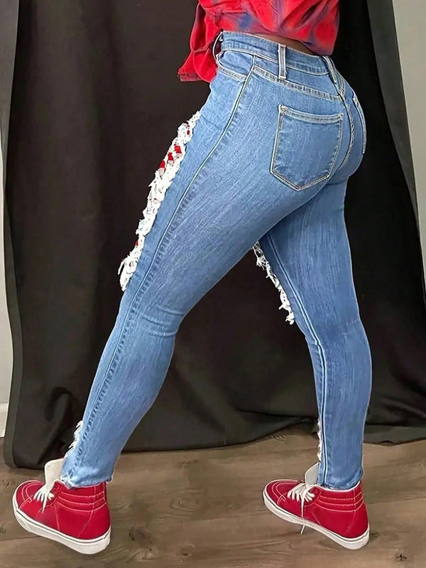 Stretch Ripped Patchwork Denim Pants for Casual Streetwear