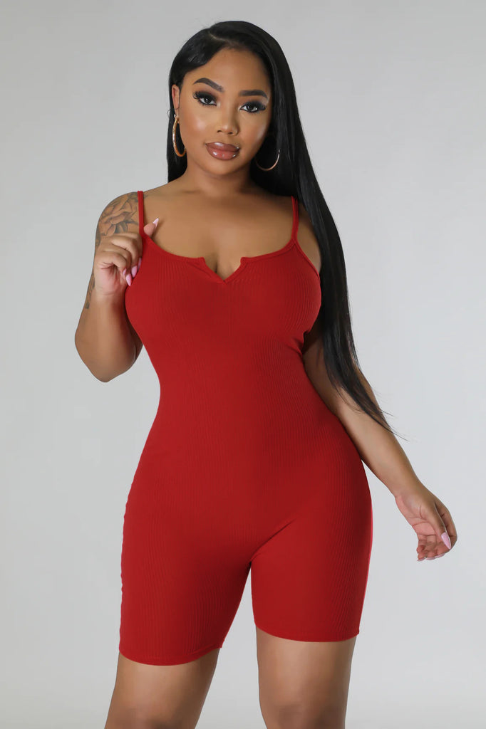 Women Ribbed V-Neck Slim Romper