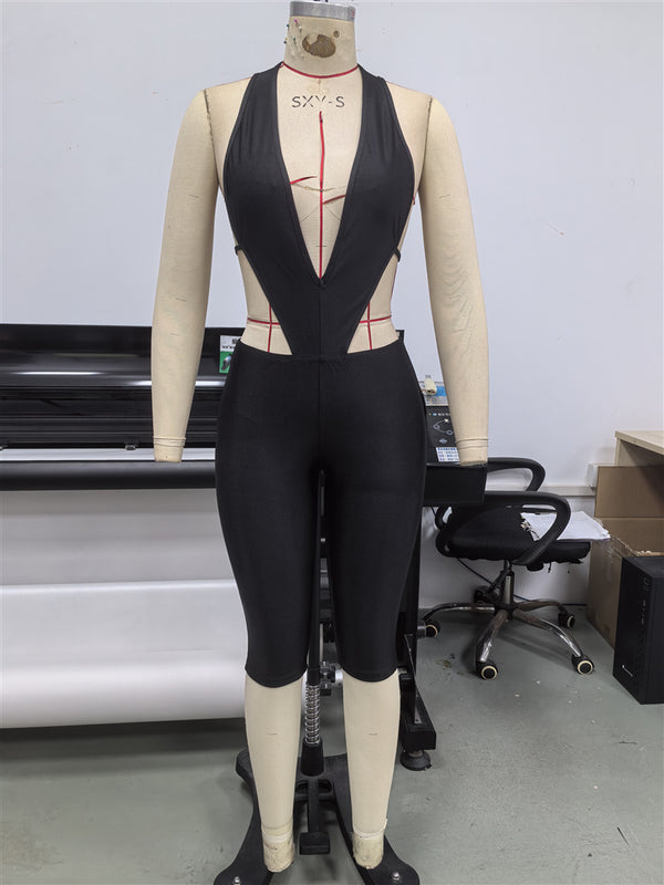 Solid Open Waist Halter Neck Tight Fitting Jumpsuit for Summer Clubwear
