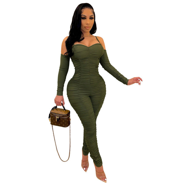 Women's Halter Off-Shoulder Ruched Jumpsuit for Winter Wear
