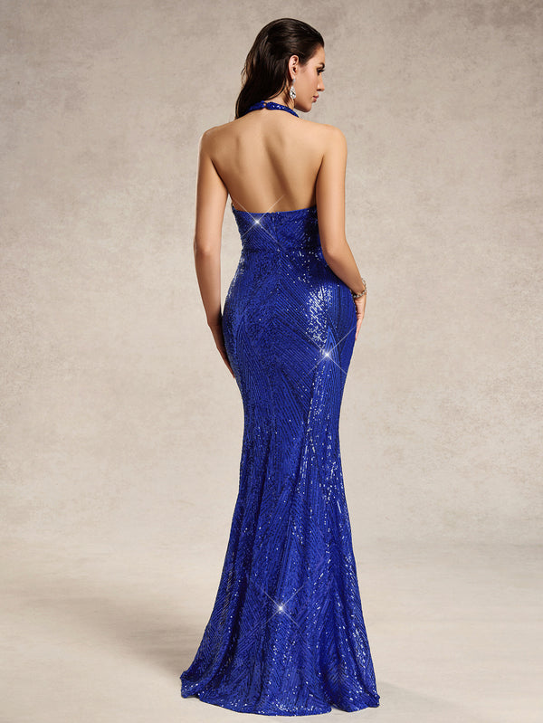 Women Halter Neck Sleeveless Backless Sequin Party Mermaid Evening Dress