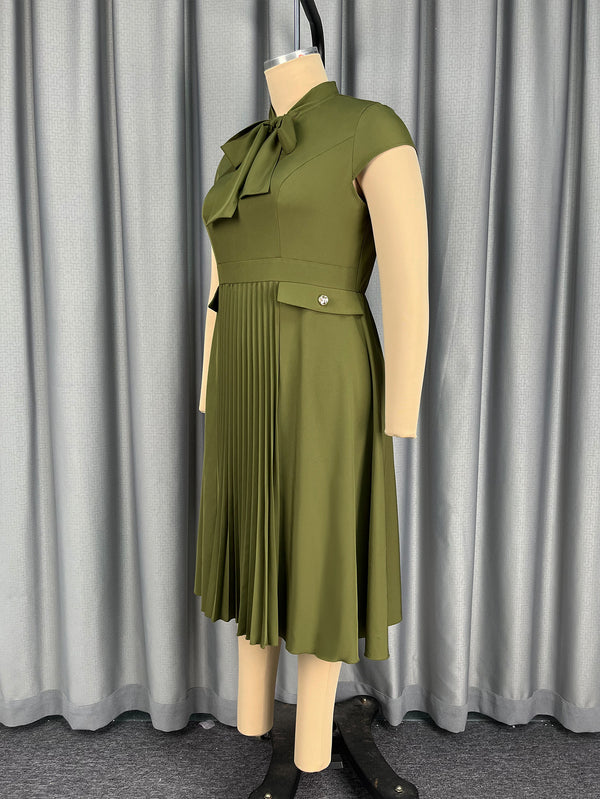 Plus Size Olive Green Bow-Detail Short-Sleeve Pleated Dress
