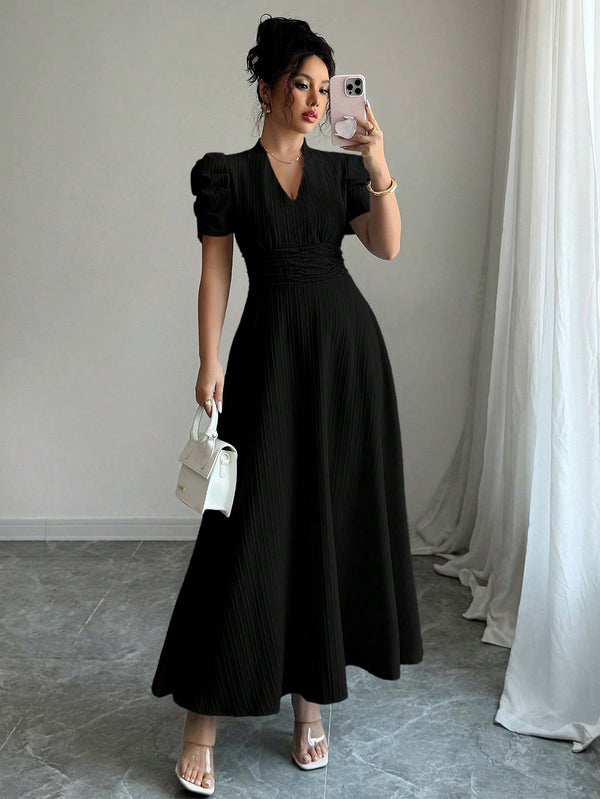 Plus Size Puff Sleeve Slim Waist Maxi Dress for Summer